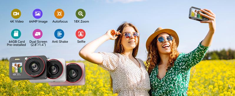 Deatti 4K Digital Camera, 1 Count 64MP Auto FocusDigital Camera, Compact & Portable Camerawith 64G Memory Card & Battery, Gifts forBoyfriend