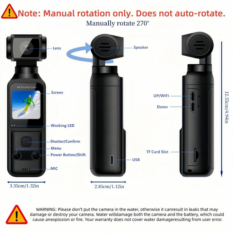 DarlingCase 4K Ultra HD Pocket Action Camera 8in1 with 270° Rotatable Lens 1.33" Display EIS Stabilization TF Card Slot 32GB Memory Card Included Black Audio Charging Wireless Video Transfer Compact Design