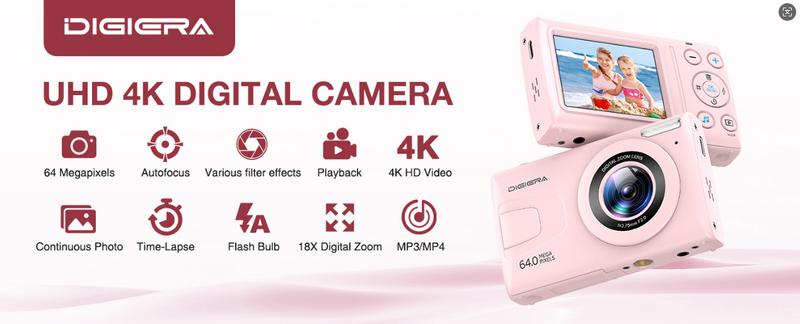 Digiera 4K Digital Camera – 64MP Sensor, 18X Digital Zoom, Filters & Burst Mode – Includes 32GB Card & Extra Batteries