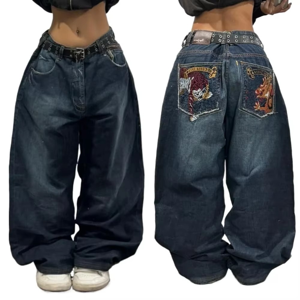 Y2K New Southpole Jeans American Retro Gothic Graphic Embroidery Baggy Jeans Men's Harajuku Hip-Hop Wide-Leg Pants Street Wear
