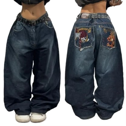 Y2K New Southpole Jeans American Retro Gothic Graphic Embroidery Baggy Jeans Men's Harajuku Hip-Hop Wide-Leg Pants Street Wear