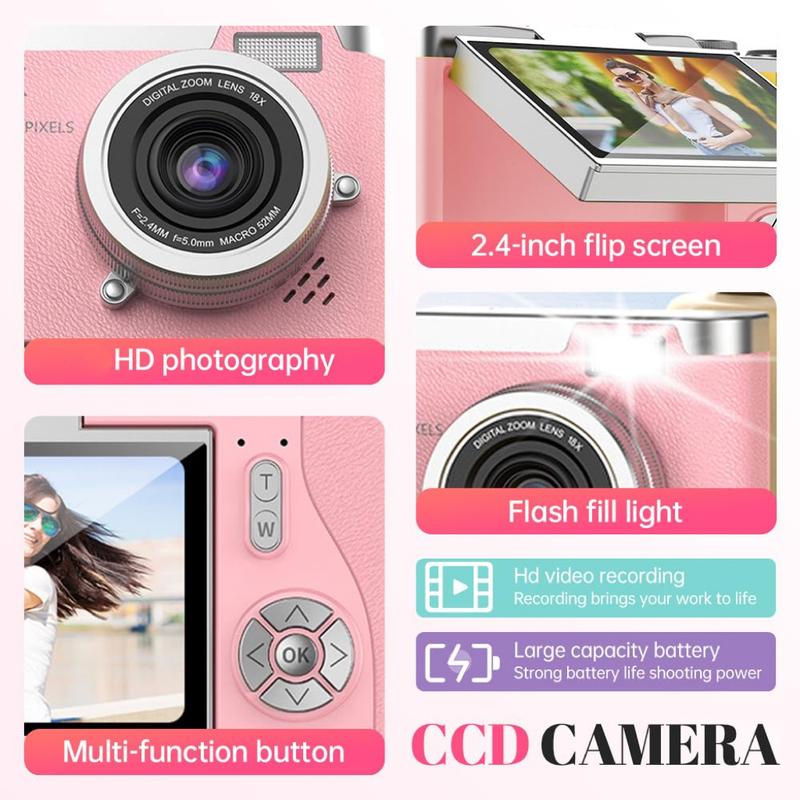 Portable Digital Cam, Student Camera, Compact Pocket Camera, 180° Degree Flip Screen Camera For Women, Entry-Level 1080P Pink Camera With 32GB Memory Card, Video Vlog, Photography, Birthday, Christmas New Year Gift