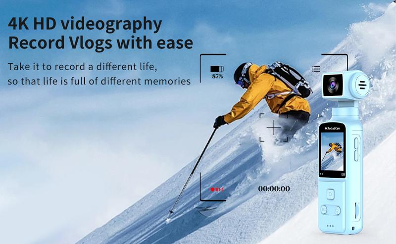 DarlingCase 4K Ultra HD Pocket Action Camera 8in1 with 270° Rotatable Lens 1.33" Display EIS Stabilization TF Card Slot 32GB Memory Card Included Black Audio Charging Wireless Video Transfer Compact Design