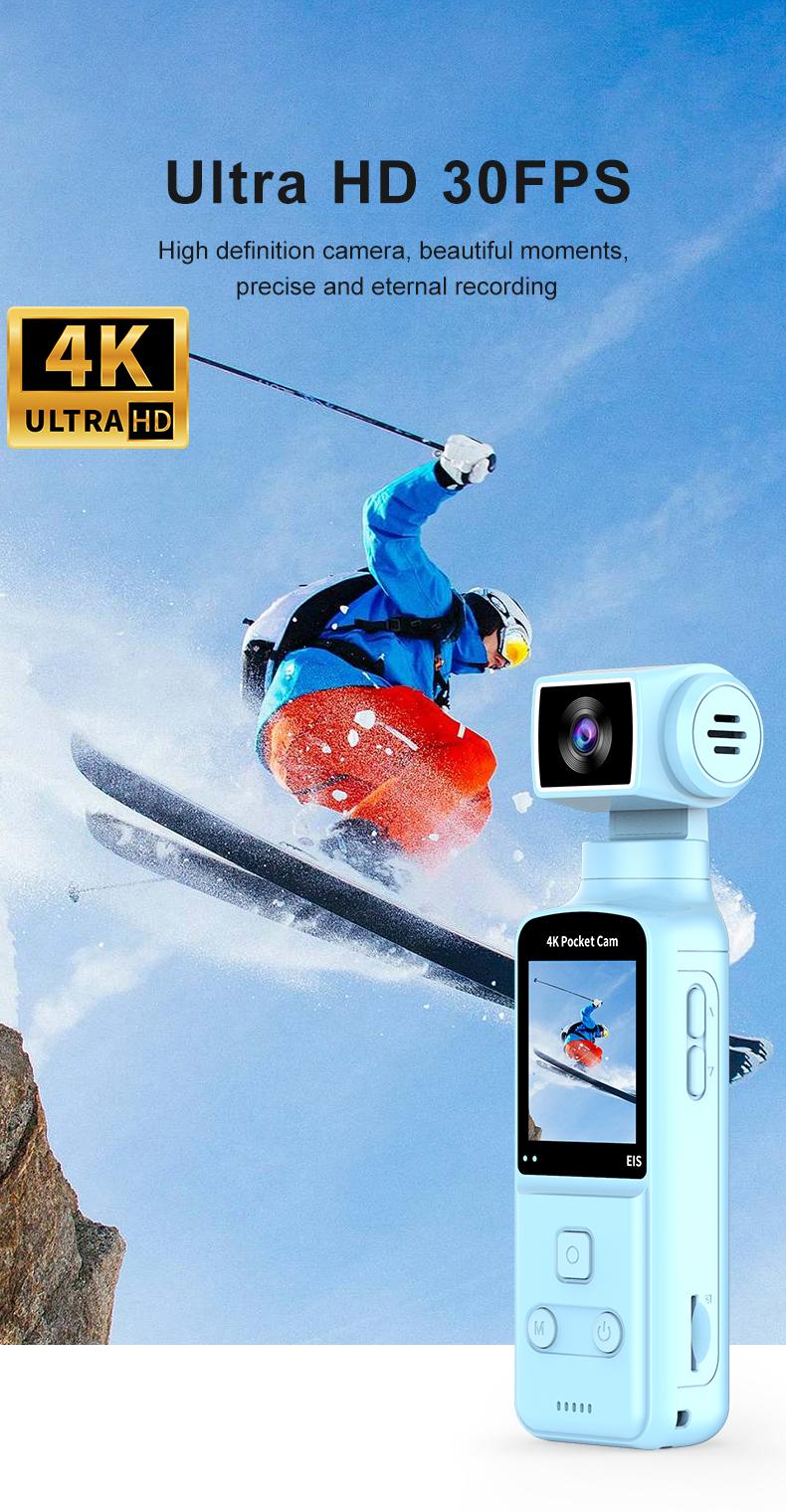 DarlingCase 4K Ultra HD Pocket Action Camera 8in1 with 270° Rotatable Lens 1.33" Display EIS Stabilization TF Card Slot 32GB Memory Card Included Black Audio Charging Wireless Video Transfer Compact Design
