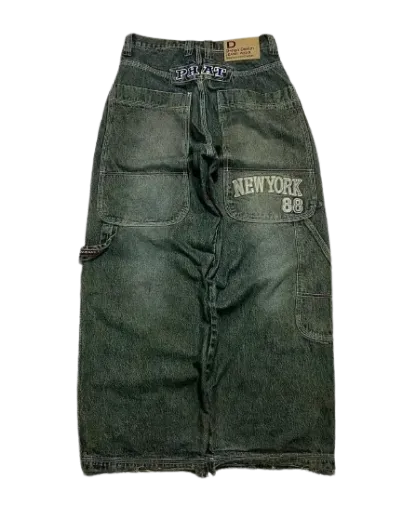 Y2K New Southpole Jeans American Retro Gothic Graphic Embroidery Baggy Jeans Men's Harajuku Hip-Hop Wide-Leg Pants Street Wear