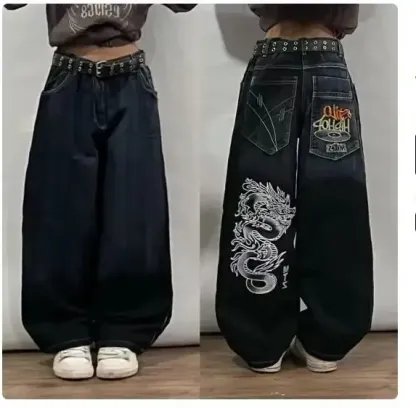 Y2K New Southpole Jeans American Retro Gothic Graphic Embroidery Baggy Jeans Men's Harajuku Hip-Hop Wide-Leg Pants Street Wear