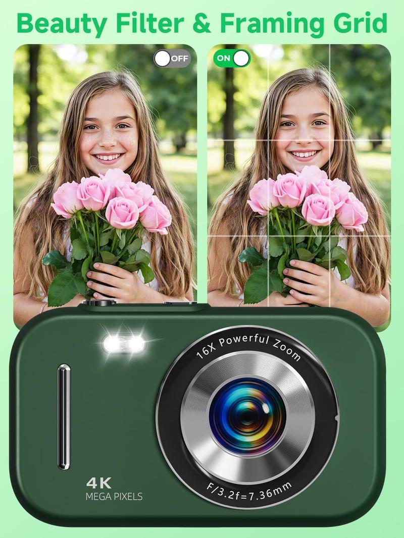 Digital Camera, 48MP FHD 4K Point and Shoot  Camera with Anti Shake,16X Zoom, Digital Camera for Teens with Beauty, 32GB Card, 21 Filters,  for   Teen Student Girl Boy
