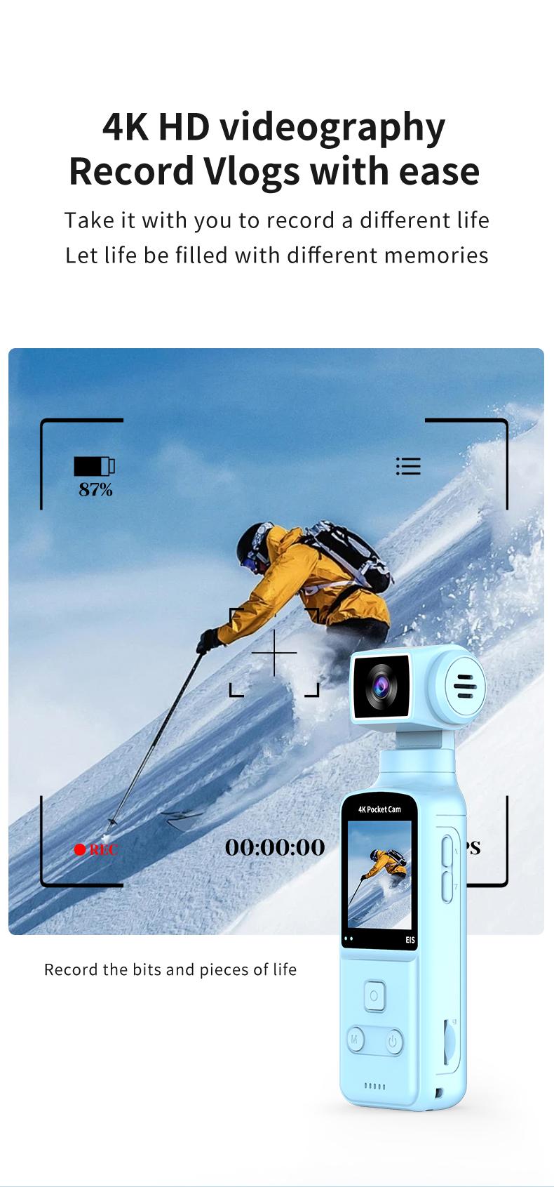 DarlingCase 4K Ultra HD Pocket Action Camera 8in1 with 270° Rotatable Lens 1.33" Display EIS Stabilization TF Card Slot 32GB Memory Card Included Black Audio Charging Wireless Video Transfer Compact Design