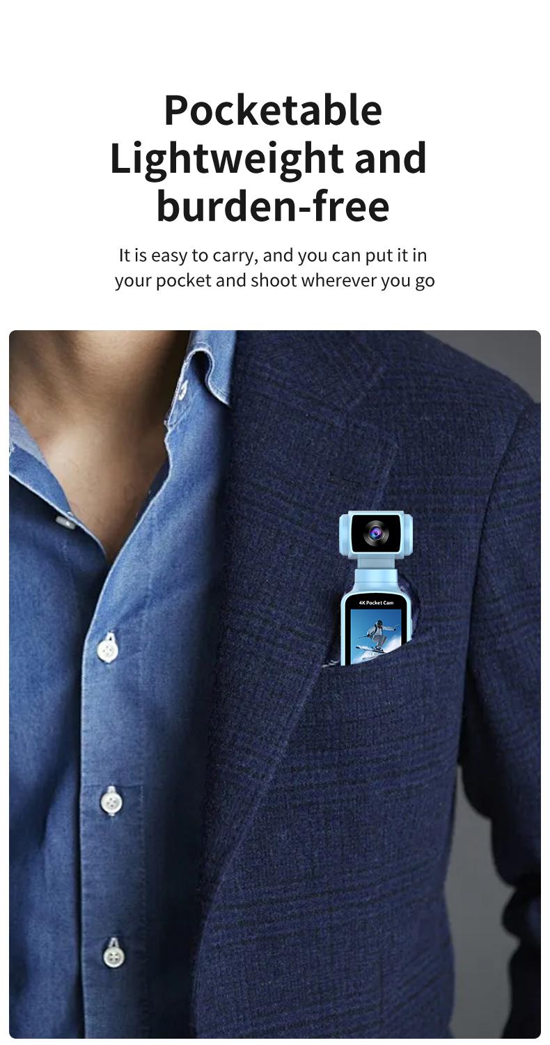 DarlingCase 4K Ultra HD Pocket Action Camera 8in1 with 270° Rotatable Lens 1.33" Display EIS Stabilization TF Card Slot 32GB Memory Card Included Black Audio Charging Wireless Video Transfer Compact Design