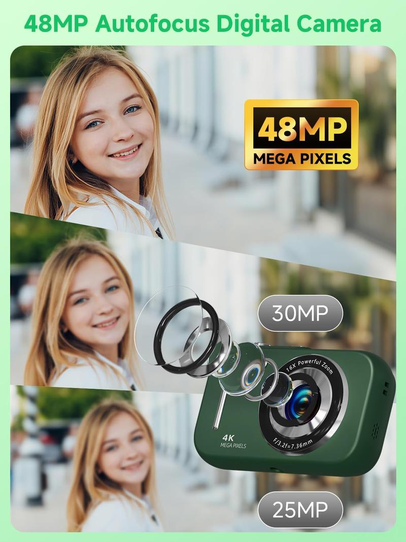 Digital Camera, 48MP FHD 4K Point and Shoot  Camera with Anti Shake,16X Zoom, Digital Camera for Teens with Beauty, 32GB Card, 21 Filters,  for   Teen Student Girl Boy