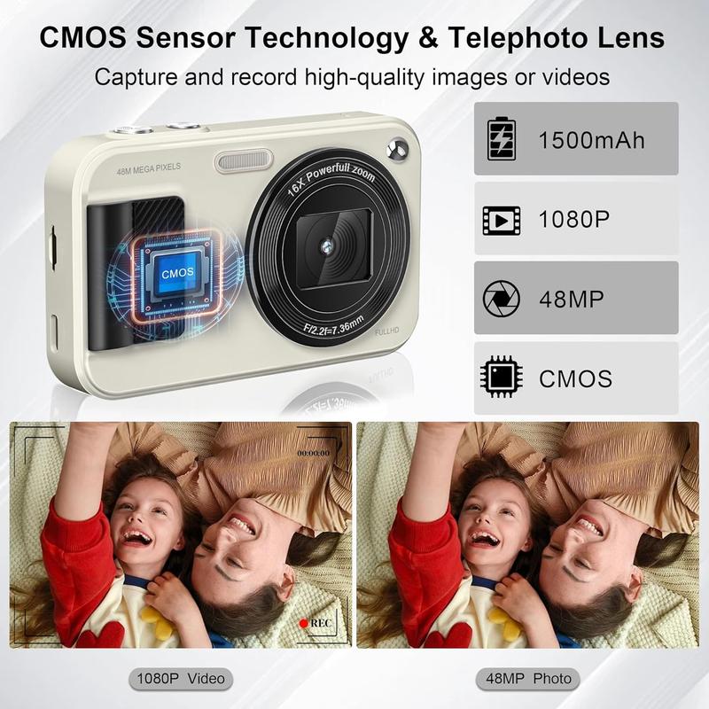 FHD 1080P 48MP  Camera, Autofocus Point and Shoot Digital Camera with 32GB Card, 16X Zoom Anti-Shake, Compact Small Camera with 1500mAH Built-in  for Boys and Girls
