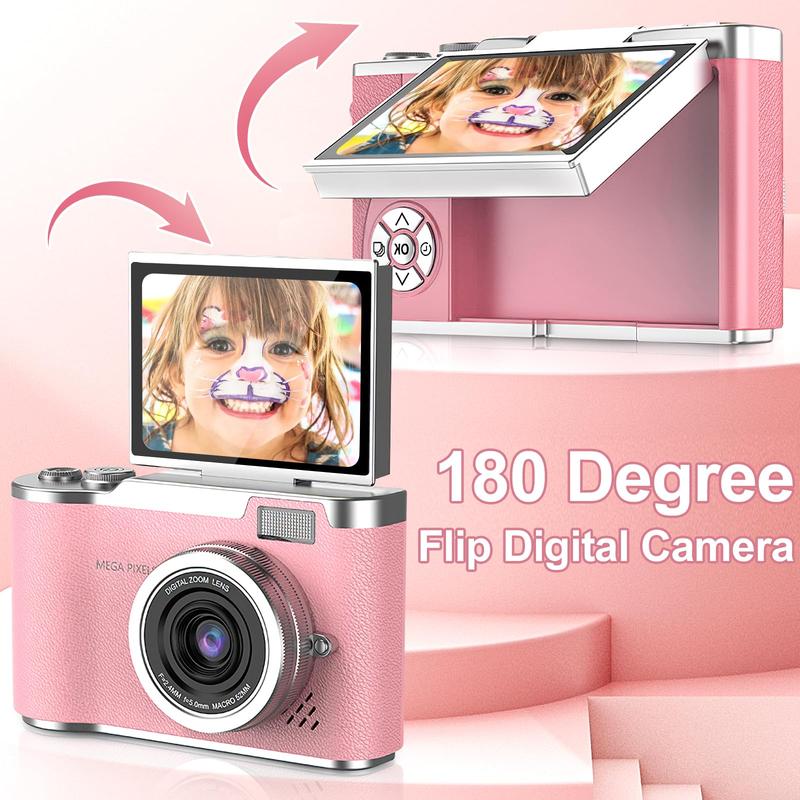 Portable Digital Cam, Student Camera, Compact Pocket Camera, 180° Degree Flip Screen Camera For Women, Entry-Level 1080P Pink Camera With 32GB Memory Card, Video Vlog, Photography, Birthday, Christmas New Year Gift