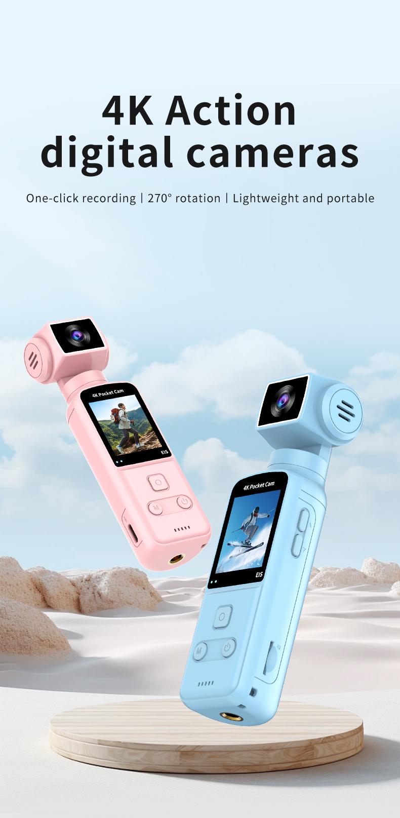 DarlingCase 4K Ultra HD Pocket Action Camera 8in1 with 270° Rotatable Lens 1.33" Display EIS Stabilization TF Card Slot 32GB Memory Card Included Black Audio Charging Wireless Video Transfer Compact Design