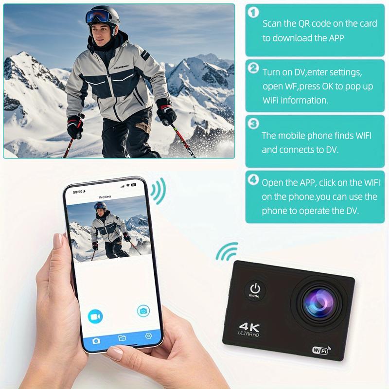 Wireless Action Camera with Ultra HD Video,12MP Photos, HDR, Daily Streaming,Stabilization,Vlogging Camera,Good Choice for Outdoorfun and Gift-giving
