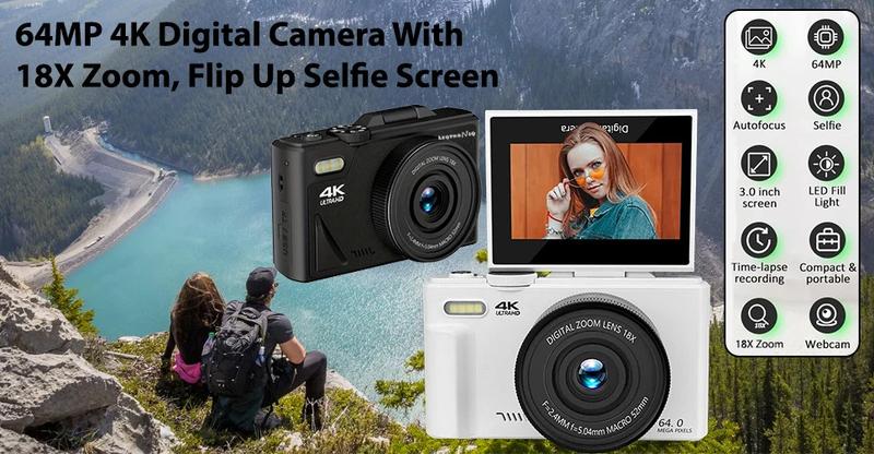 64MP 18X Digital Zoom 4K Camera for Photography Video Vlogging Camcorder for YouTube Blog 3'' Flip Screen Selfie Webcam Cameras portable camcorder digital camera photography