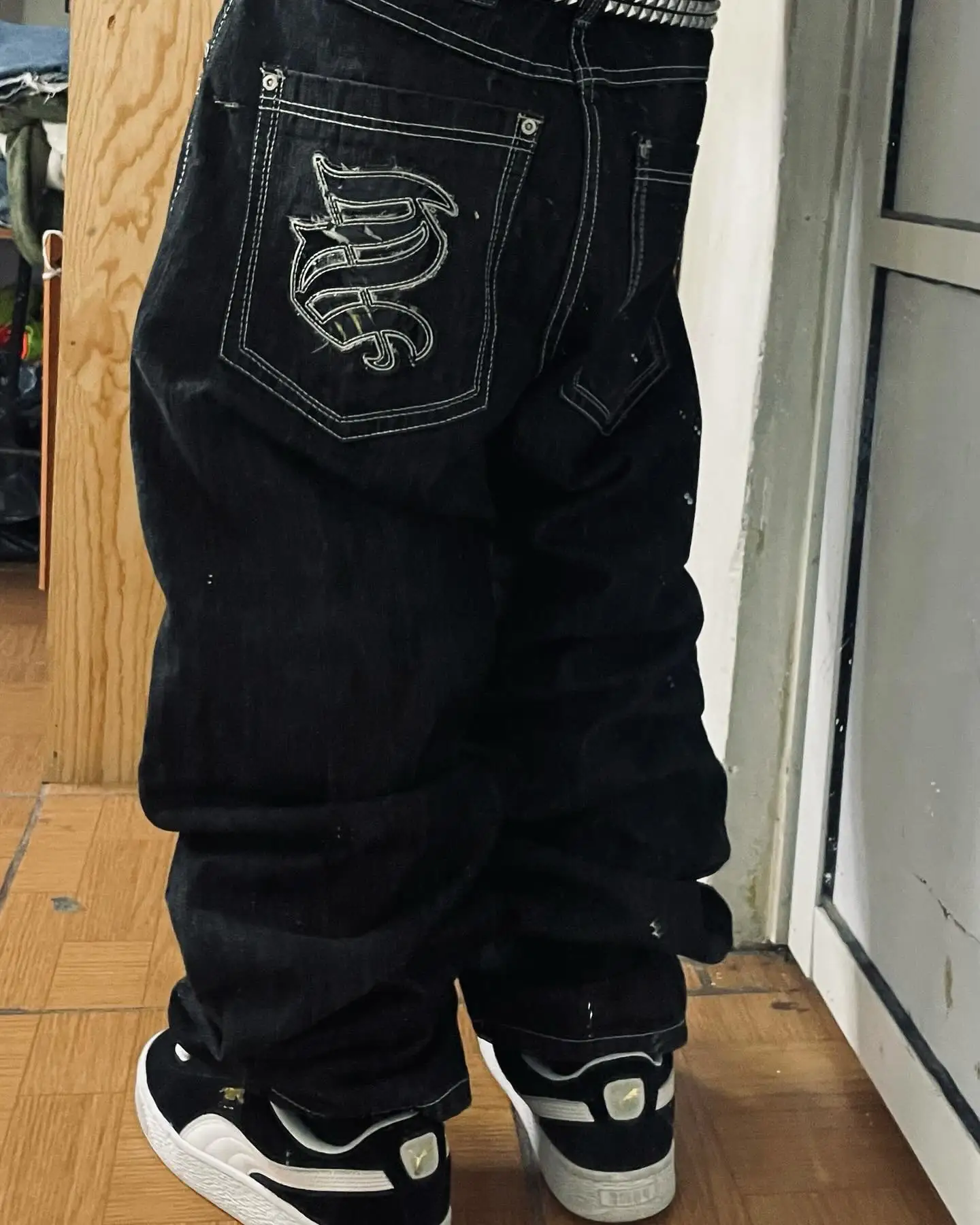 Y2K New Southpole Jeans American Retro Gothic Graphic Embroidery Baggy Jeans Men's Harajuku Hip-Hop Wide-Leg Pants Street Wear