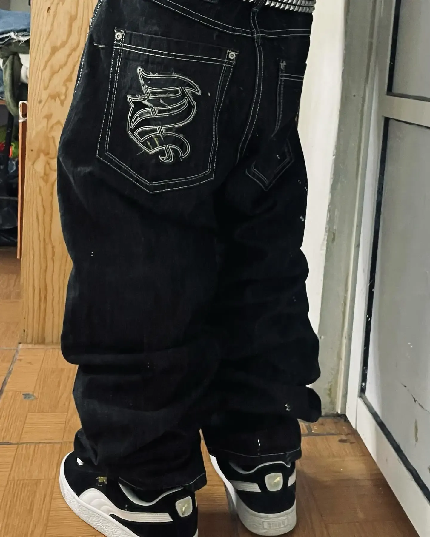 Y2K New Southpole Jeans American Retro Gothic Graphic Embroidery Baggy Jeans Men's Harajuku Hip-Hop Wide-Leg Pants Street Wear