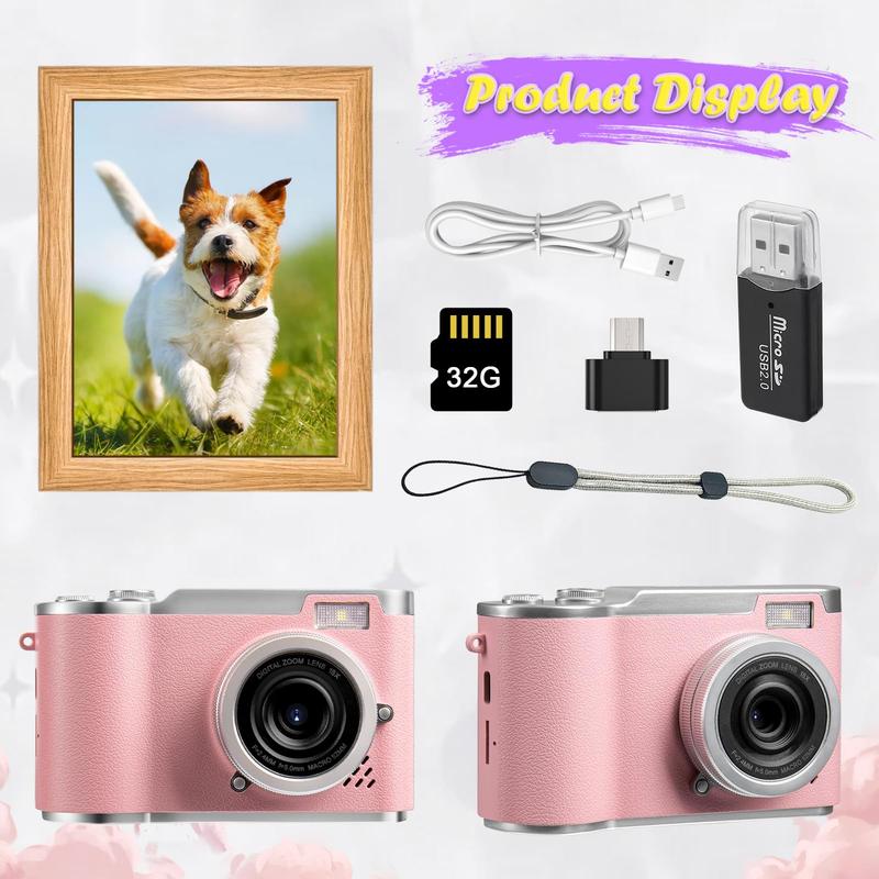 Portable Digital Cam, Student Camera, Compact Pocket Camera, 180° Degree Flip Screen Camera For Women, Entry-Level 1080P Pink Camera With 32GB Memory Card, Video Vlog, Photography, Birthday, Christmas New Year Gift