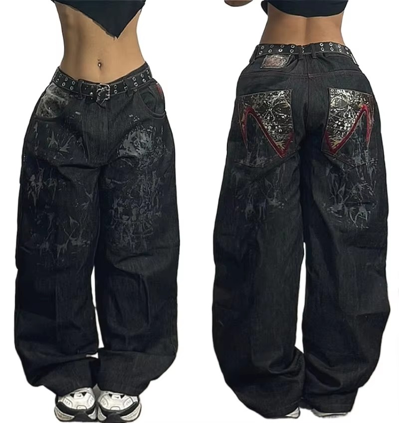 Y2K New Southpole Jeans American Retro Gothic Graphic Embroidery Baggy Jeans Men's Harajuku Hip-Hop Wide-Leg Pants Street Wear