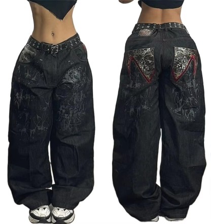 Y2K New Southpole Jeans American Retro Gothic Graphic Embroidery Baggy Jeans Men's Harajuku Hip-Hop Wide-Leg Pants Street Wear