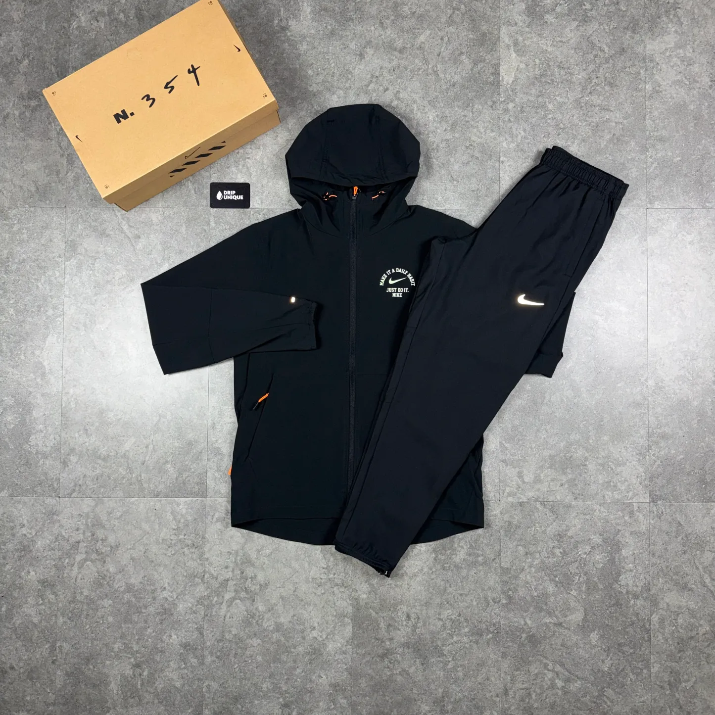 Nike Repel “Daily Habits” Windrunner Jacket Black & Black Nike Challenger Pants Set