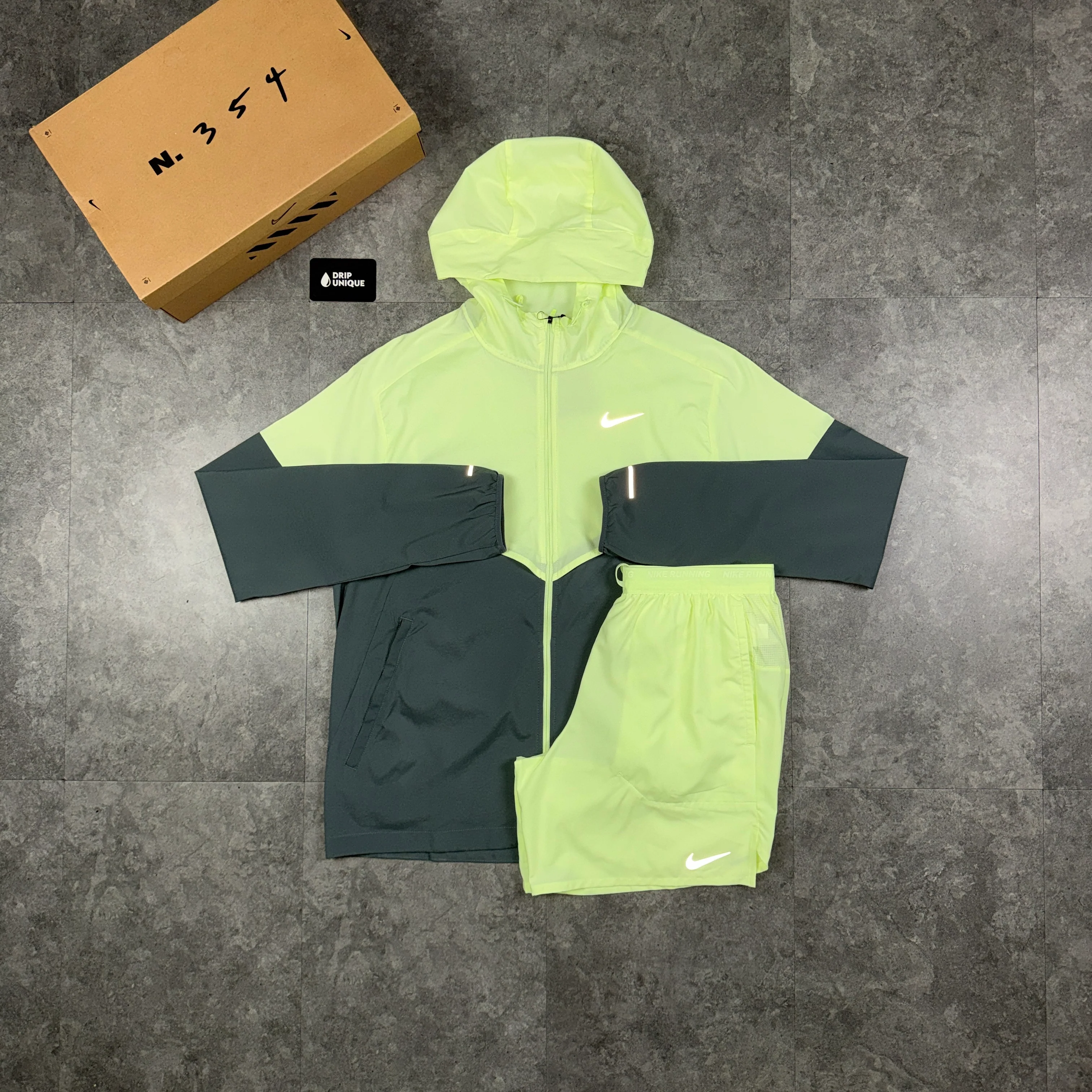 Nike UV Windrunner Jacket Barely Volt & Volt Flex Stride Shorts Set