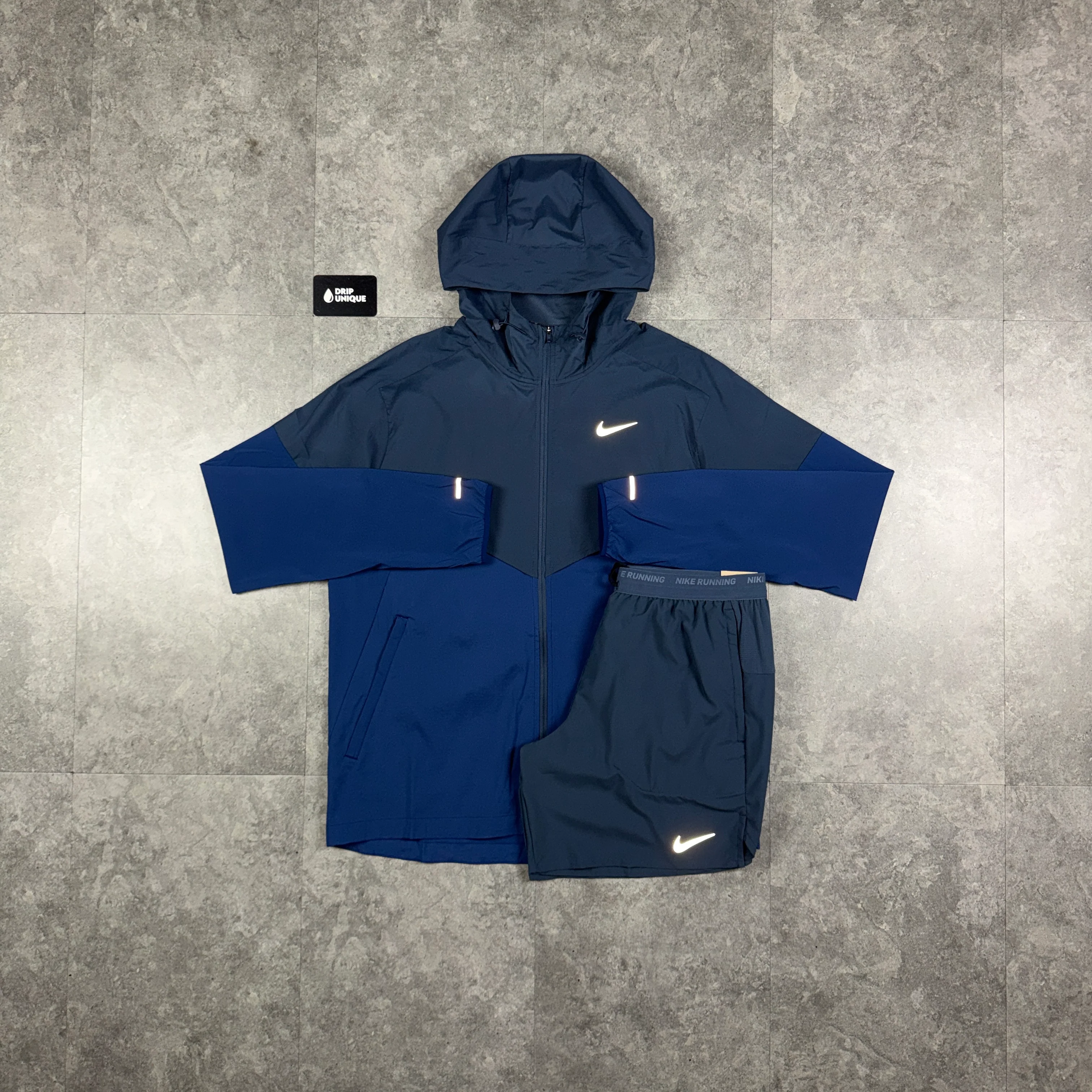Nike UV Windrunner Jacket Thunder Blue & Blue Flex Stride Shorts Set