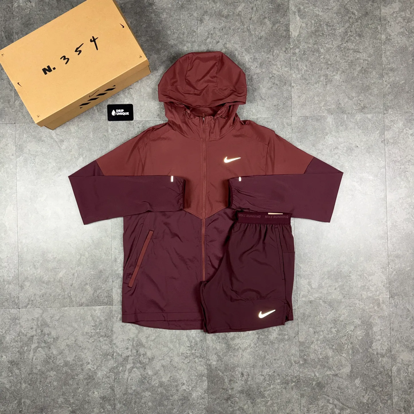 Nike UV Windrunner Jacket Burgundy Crush & Burgundy Flex Stride Shorts Set