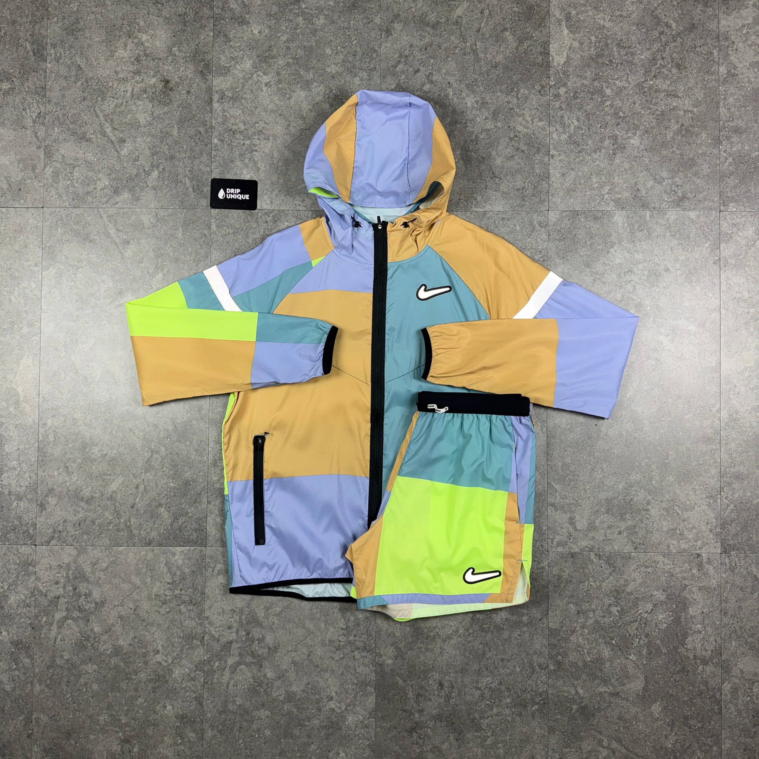 Nike Patchwork Windrunner Jacket Yellow & Yellow Patchwork Shorts Set