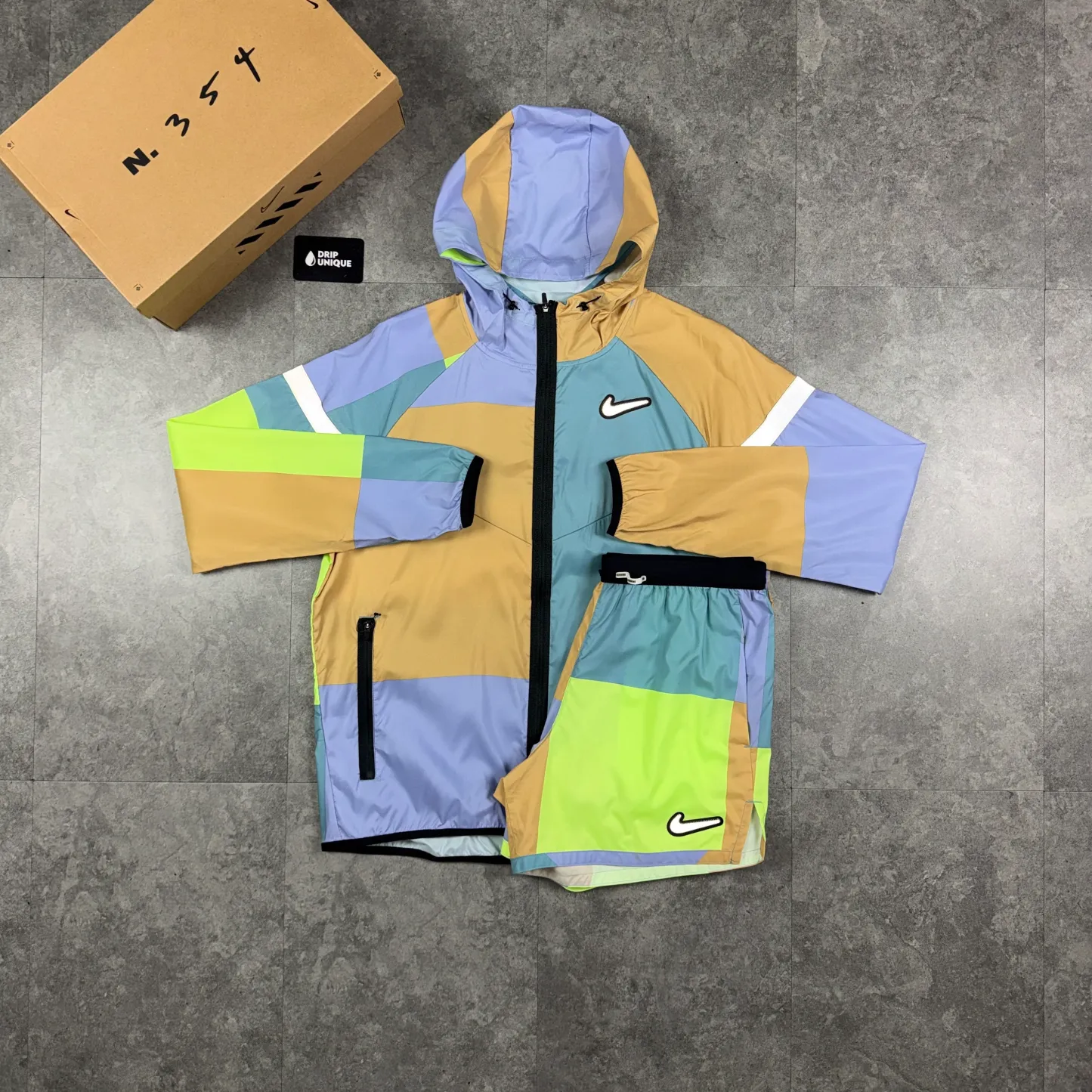 Nike Patchwork Windrunner Jacket Yellow & Yellow Patchwork Shorts Set