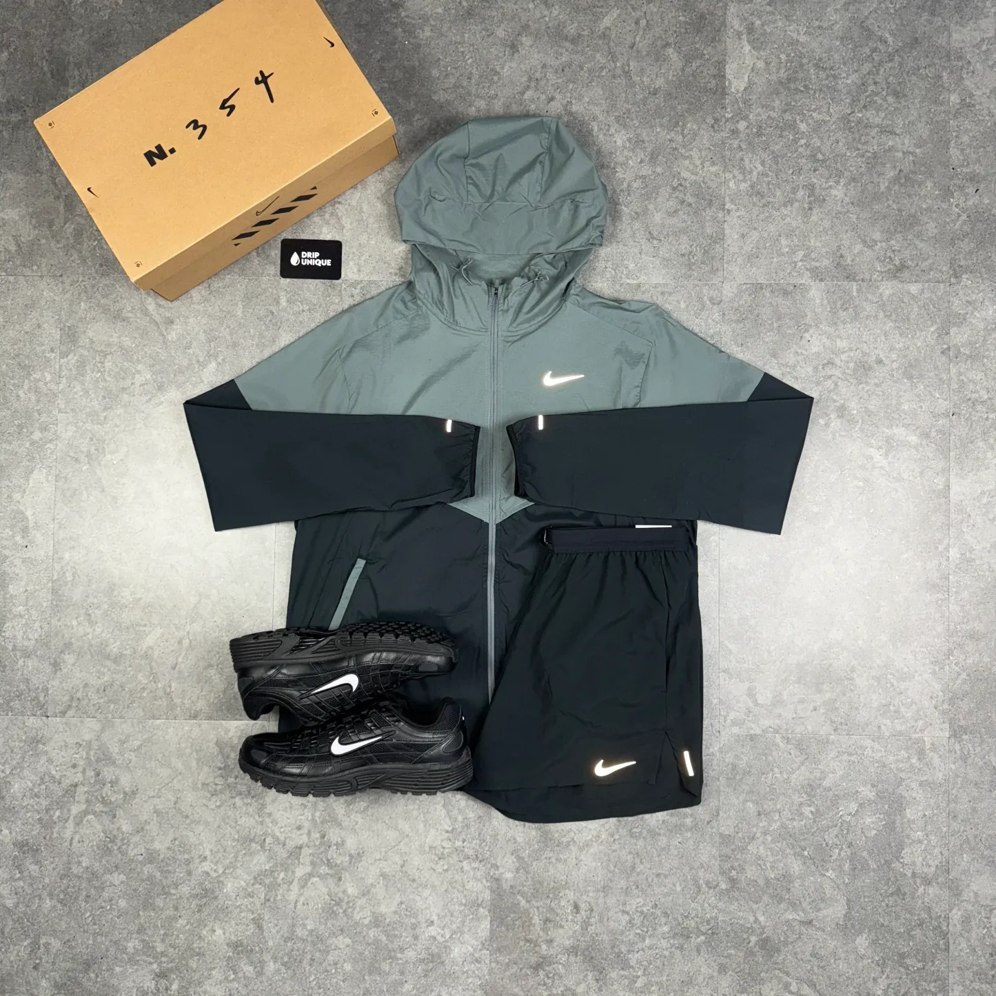 Nike UV Windrunner Jacket Grey / Black & Black Flex Stride Shorts Set