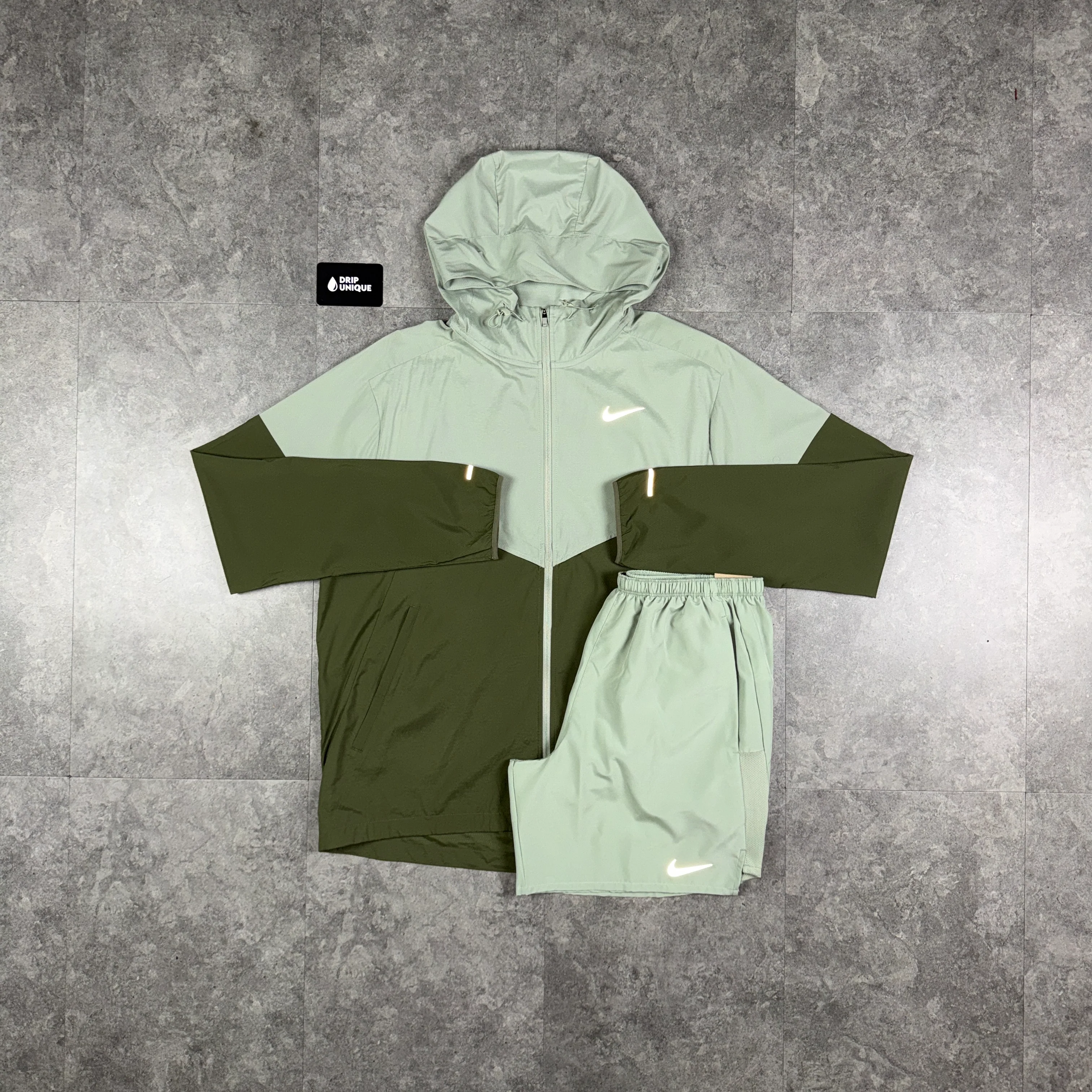 Nike UV Windrunner Jacket Jade Green & Green Challenger Shorts Set