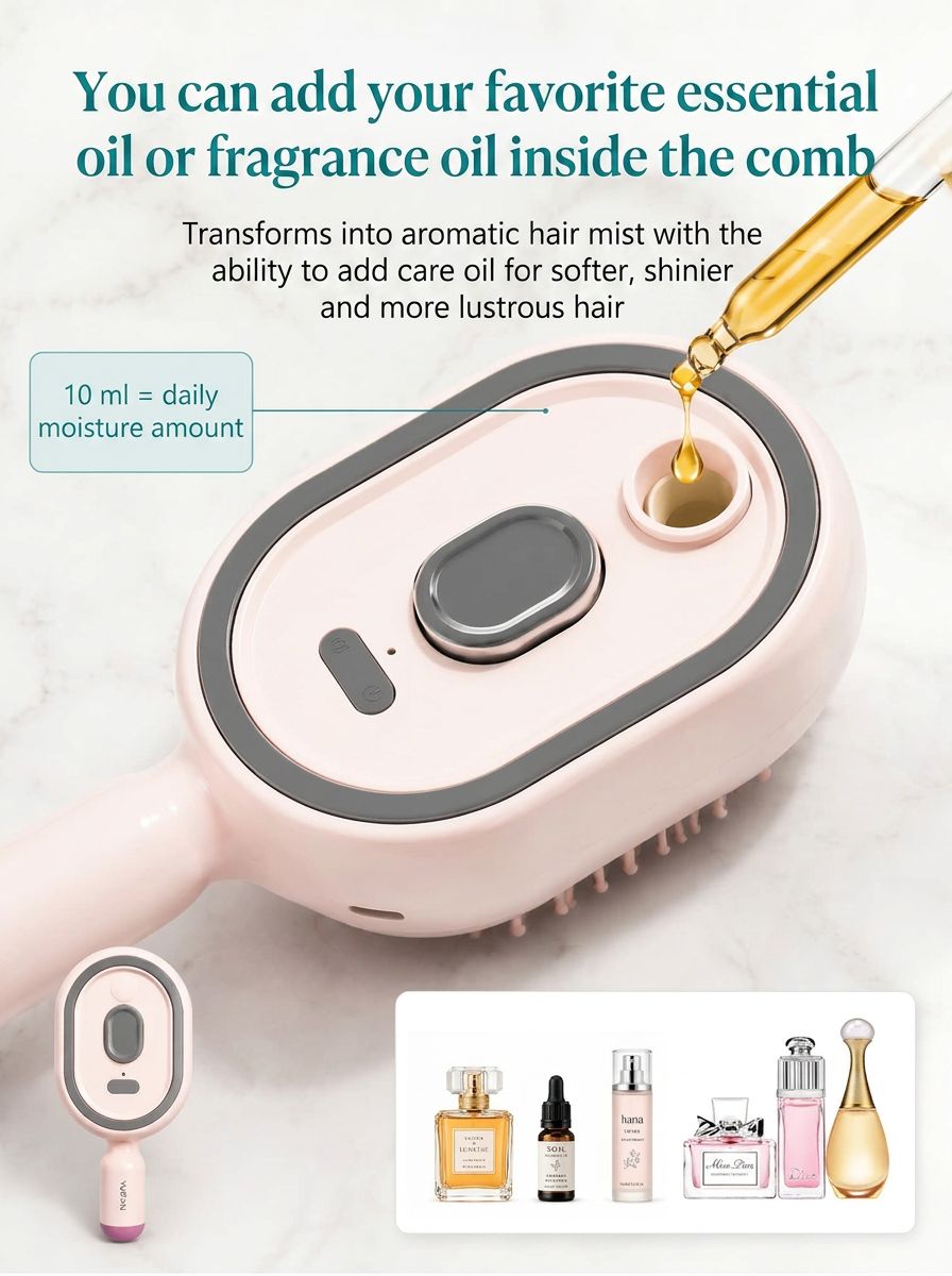 A multifunctional, leave-in essential oil hair care comb with red light therapy—instantly smooths hair, provides salon-grade scalp care, effectively prevents hair loss, and promotes hair regrowth!