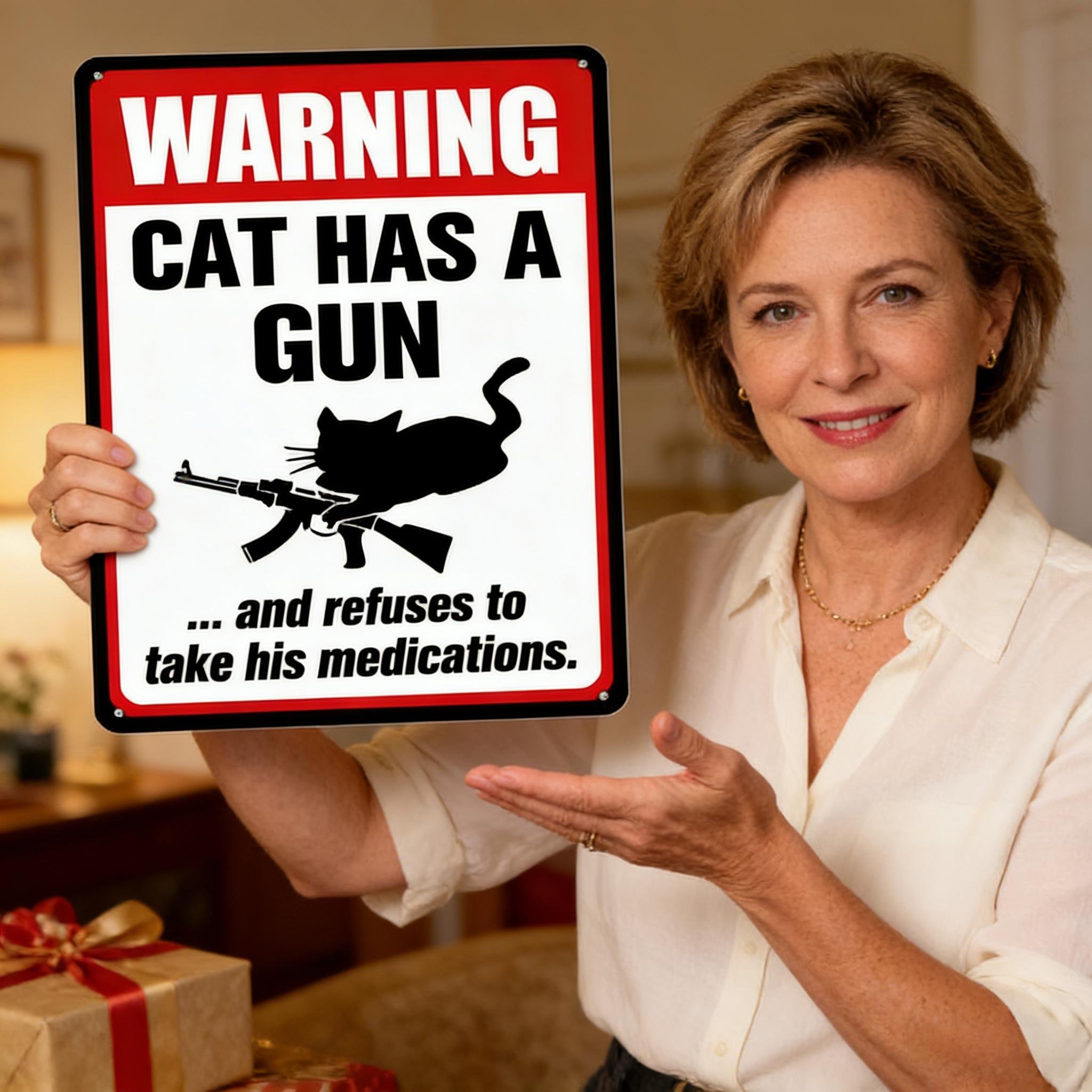 Funny "Cat & Dog Has a Gun & Won't Take Meds" Aluminum Sign