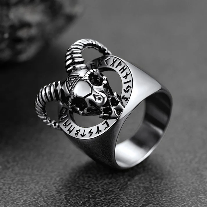 Viking Runes Satanic Goat Skull Ring