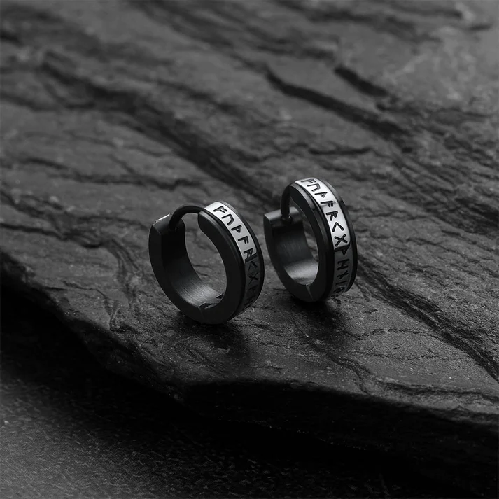 Viking Norse Rune Huggie Hoop Earrings for Men