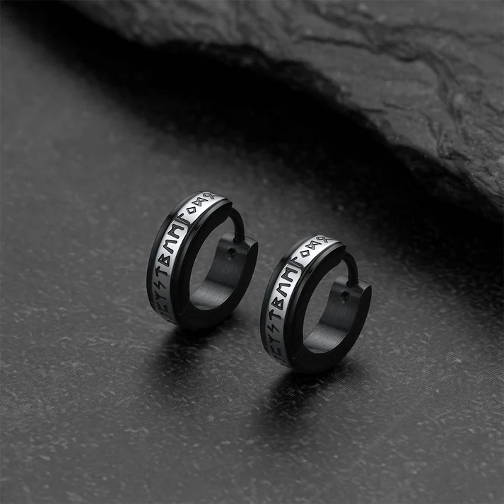 Viking Norse Rune Huggie Hoop Earrings for Men