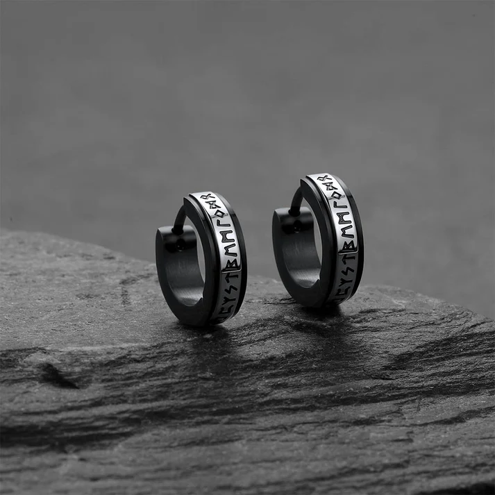 Viking Norse Rune Huggie Hoop Earrings for Men