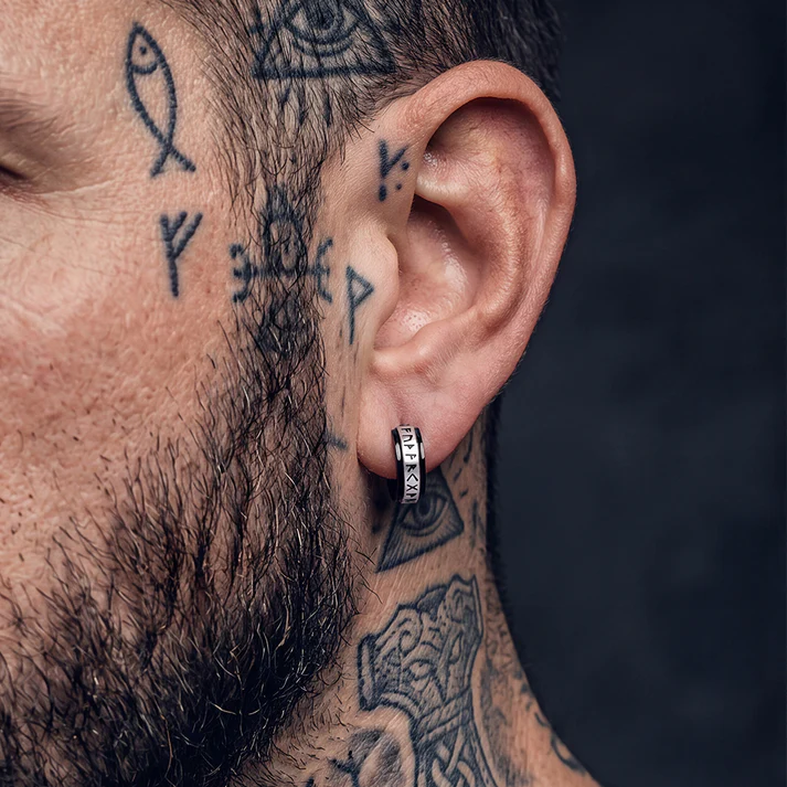 Viking Norse Rune Huggie Hoop Earrings for Men