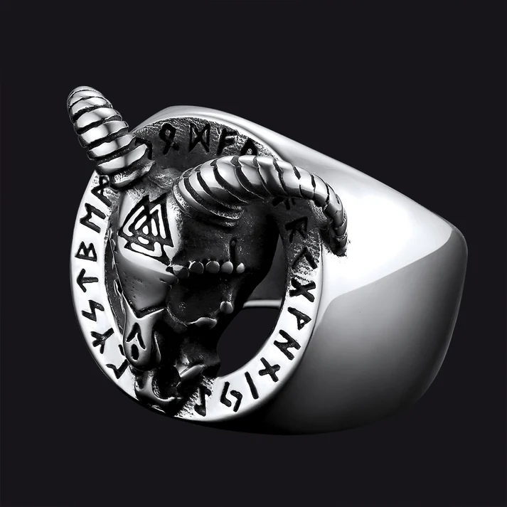 Viking Runes Satanic Goat Skull Ring