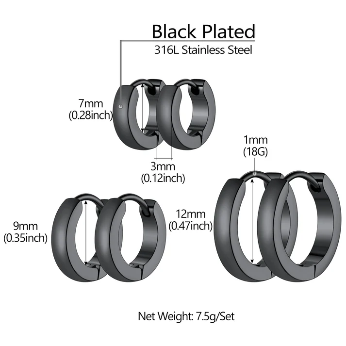 Classic Stainless Steel Huggie Hoop Earrings Set for 3 Piece