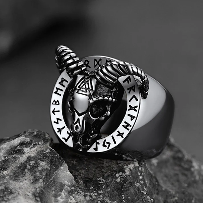 Viking Runes Satanic Goat Skull Ring
