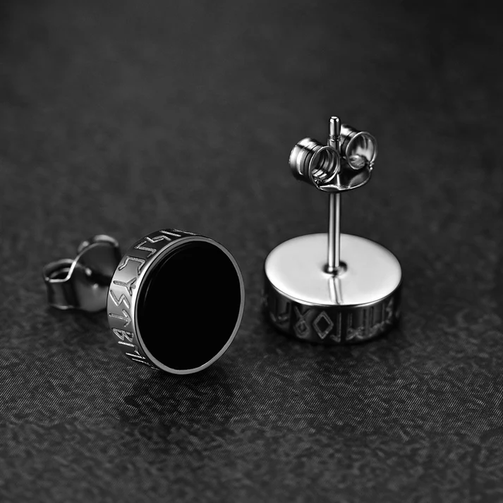 Viking Runes Black Onyx Stud Earrings