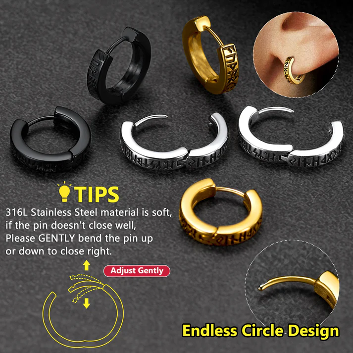 Norse Viking Runes Hoop Huggie Earrings For Men Women