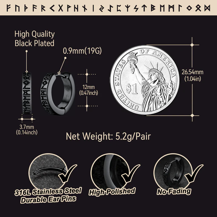 Norse Viking Runes Hoop Huggie Earrings For Men Women