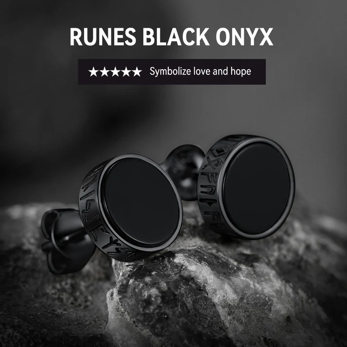 Viking Runes Black Onyx Stud Earrings