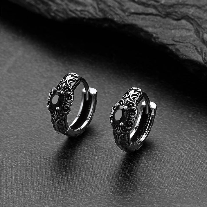 Black Onyx Grass Pattern Hoop Earrings