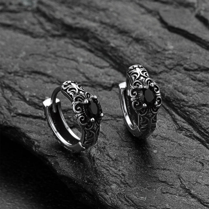 Black Onyx Grass Pattern Hoop Earrings