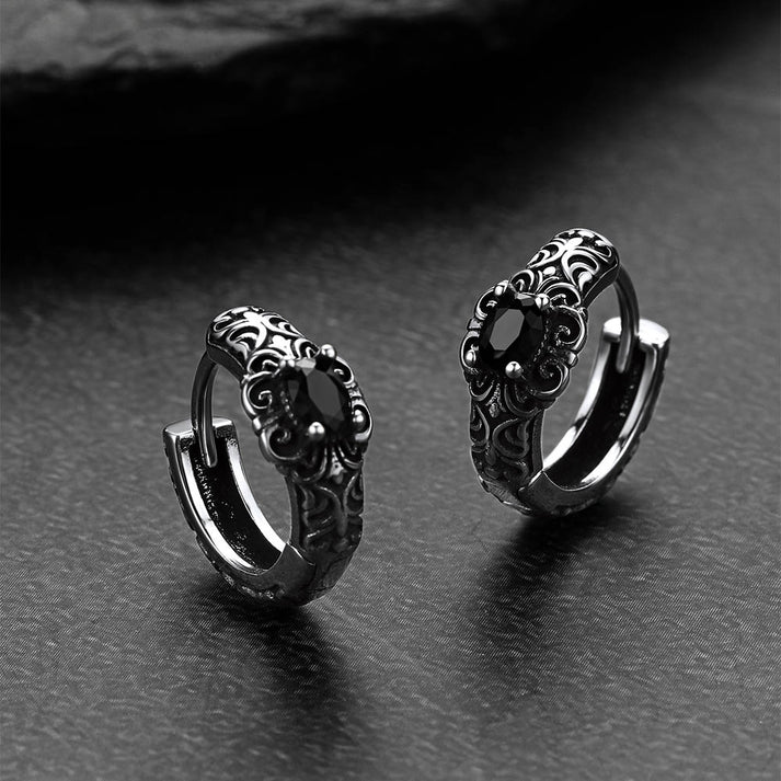 Black Onyx Grass Pattern Hoop Earrings