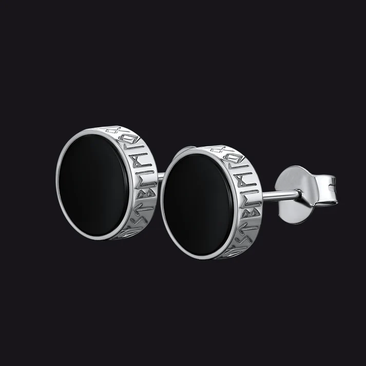 Viking Runes Black Onyx Stud Earrings